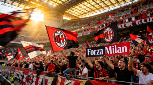 AC米兰球迷在圣西罗球场挥舞旗帜热烈助威的壮观场景